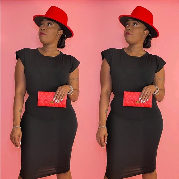 WOMEN’S BLACK SHOULDER PAD SLEEVELESS CROP TOP & MIDI CALF SKIRT MATCHING SET - Picture 2 of 5